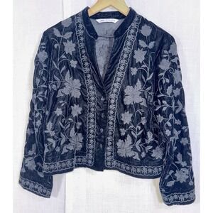 Zara Velvet Button Up Jacket Blazer Womens L Black Embroidery Whimsigoth Grunge